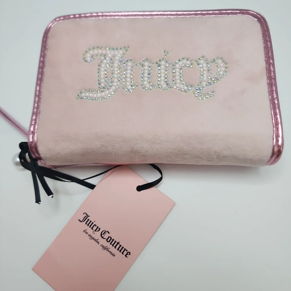 Juicy Couture Pink Velour Zip Wallet Rhinestone Logo Small Purse NWT Y2K Glam